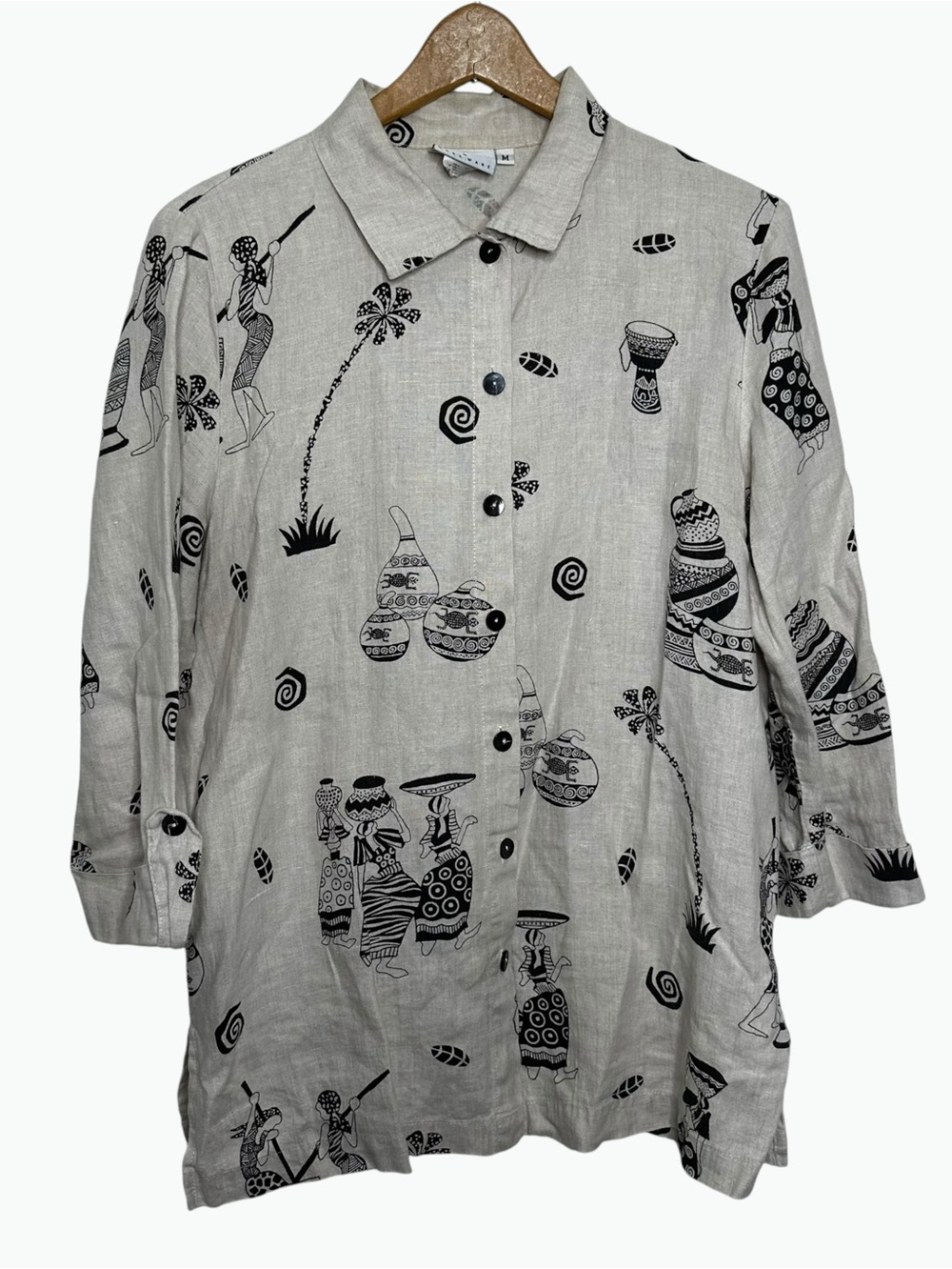 Vintage Hot Cotton by Marc Ware 100% Linen African Tribal Graphic Tunic Top M